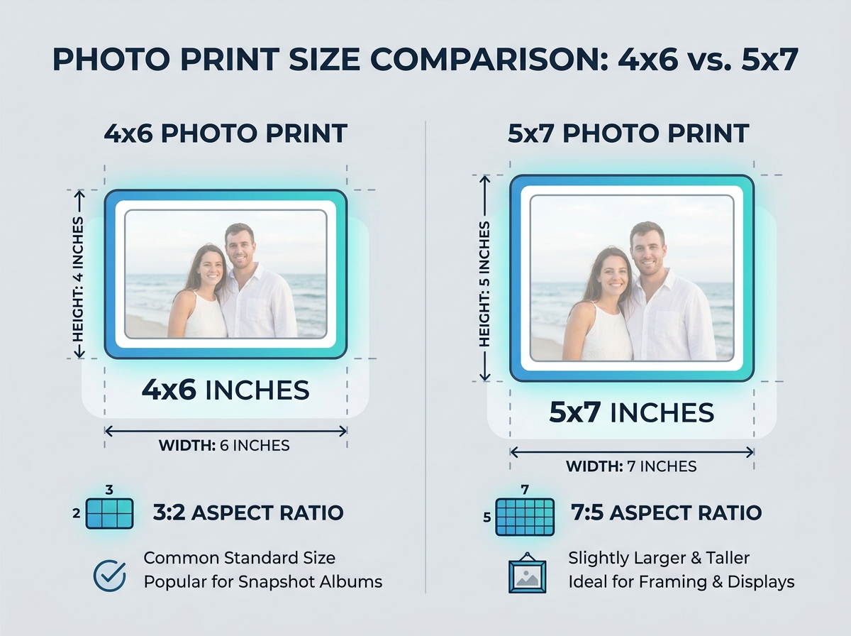 4x6 vs 5x7 photo print size and aspect ratio comparison infographic